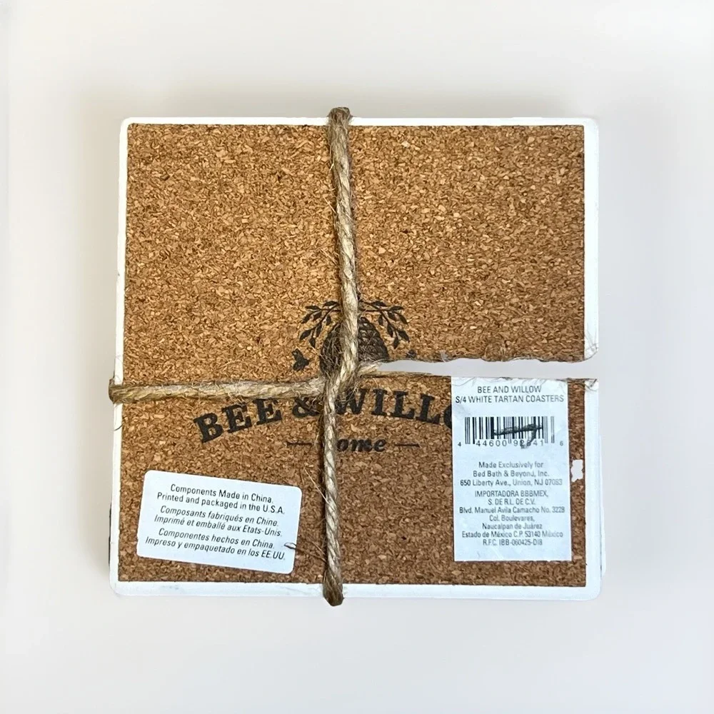 Bee‎ & Willow White Tartan Coasters Set Of 4 Ceramic With Cork Backing